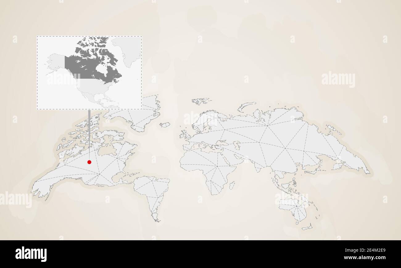 Carte du Canada avec les pays voisins épinglée sur la carte du monde. Carte du monde des triangles abstraits. Illustration de Vecteur