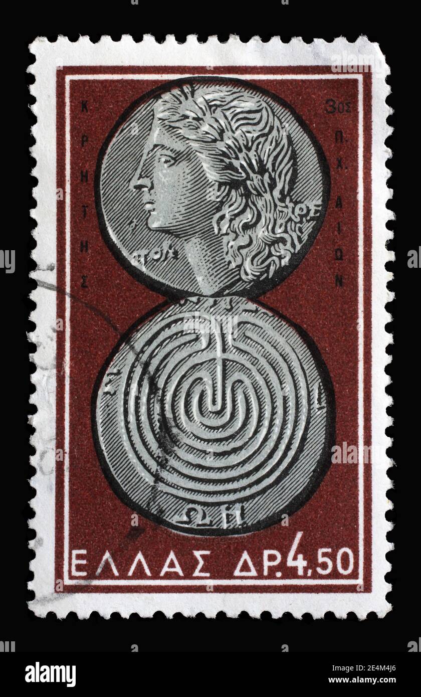 Le timbre imprimé en Grèce montre Apollon et Labyrinth, Crète, 3e cent. C.-B., pièces de monnaie de la Grèce antique, vers 1963 Banque D'Images