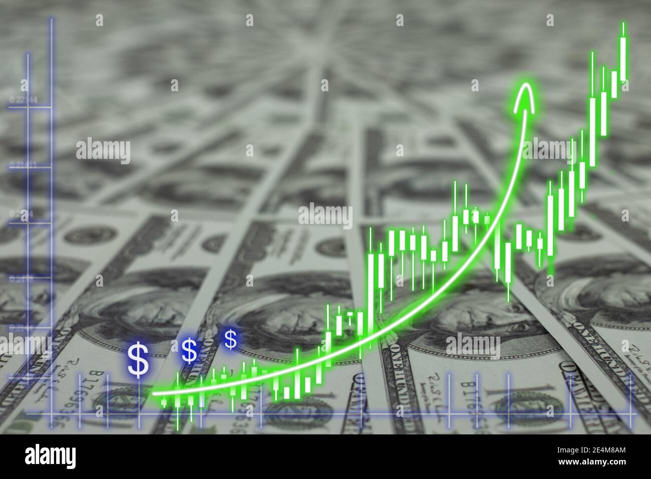 Graphique financier à la pile de billets de banque 100 USD de fond Banque D'Images