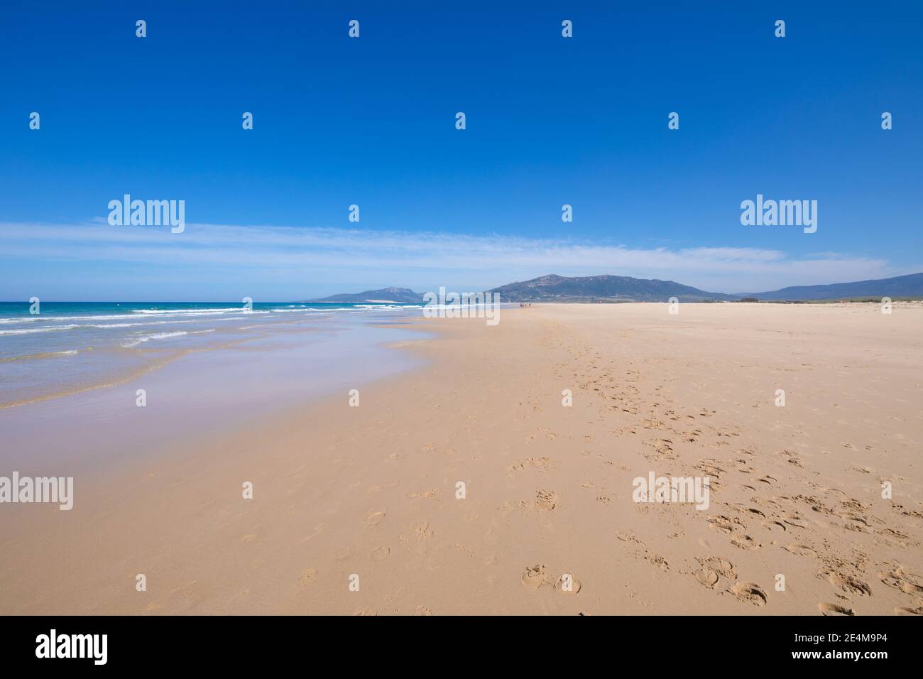 Paysage de bord de mer dans la belle plage de sable grand et solitaire Los Lances, à Tarifa, Cadix, Andalousie, Espagne Banque D'Images