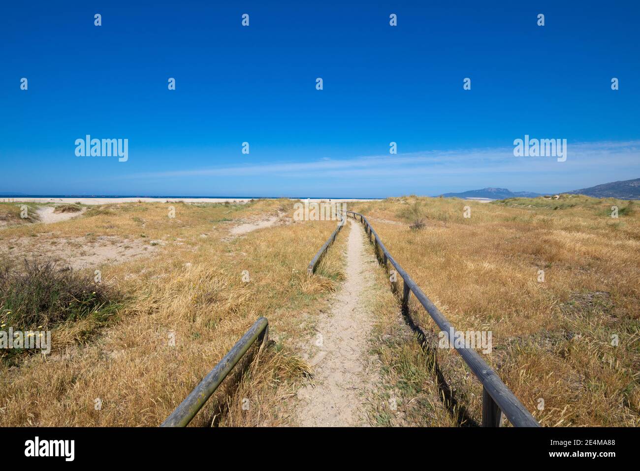 Paysage de chemin sauvage avec de vieux banisters en bois, sable et plantes, pour préserver la nature à Los lances Beach, à côté de la ville de Tarifa (Cadix, Andalousie, SPAI Banque D'Images