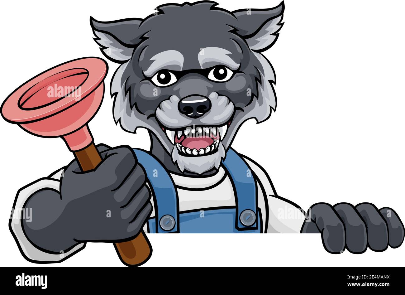 Wolf Plumber Cartoon Mascot Holding Plunger Illustration de Vecteur