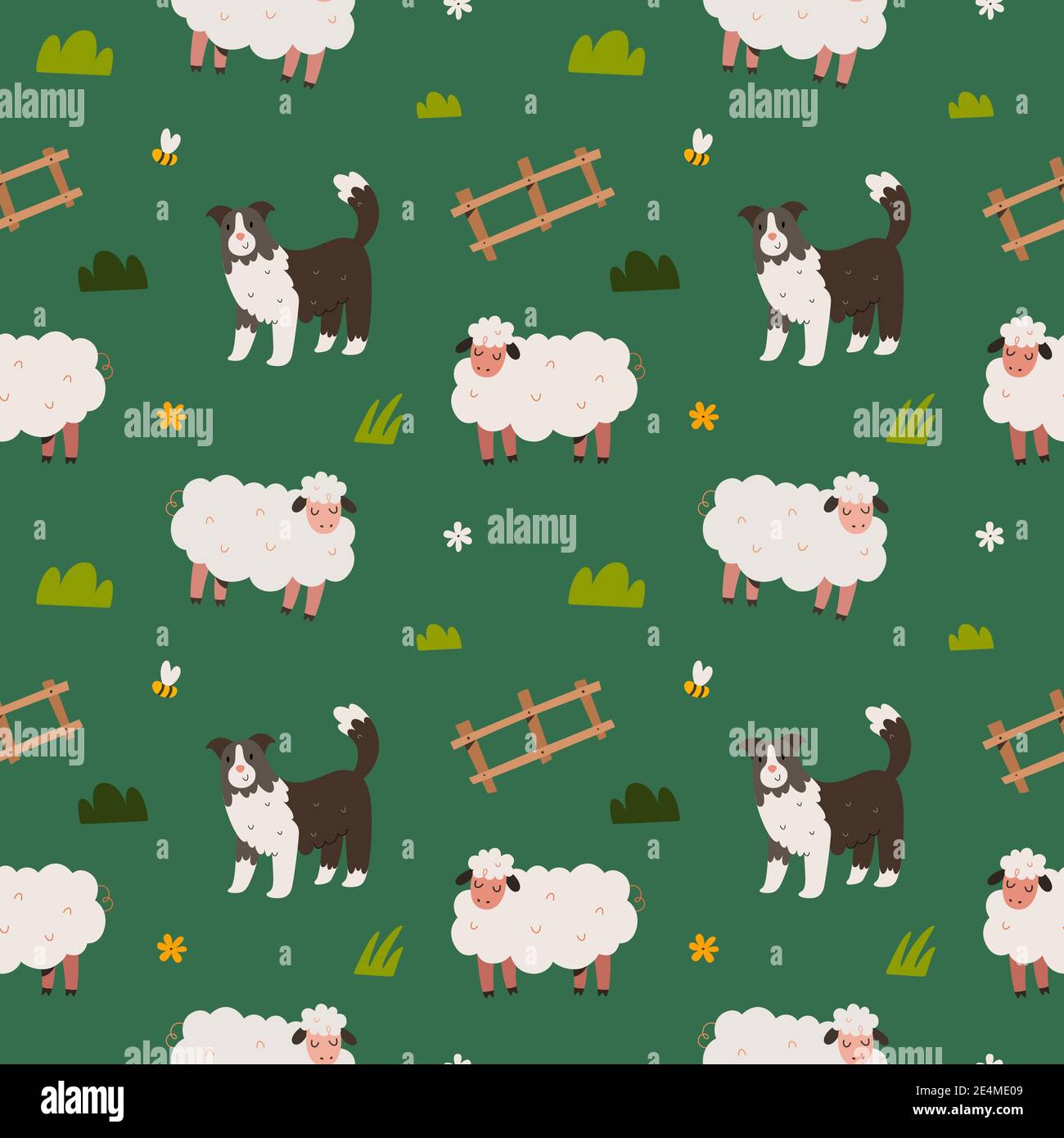 Joli mouton et bordure chien collie marchant dans la prairie, modèle sans couture, dessin animé mignon avec animaux de ferme domestiques et chien de troupeau Illustration de Vecteur