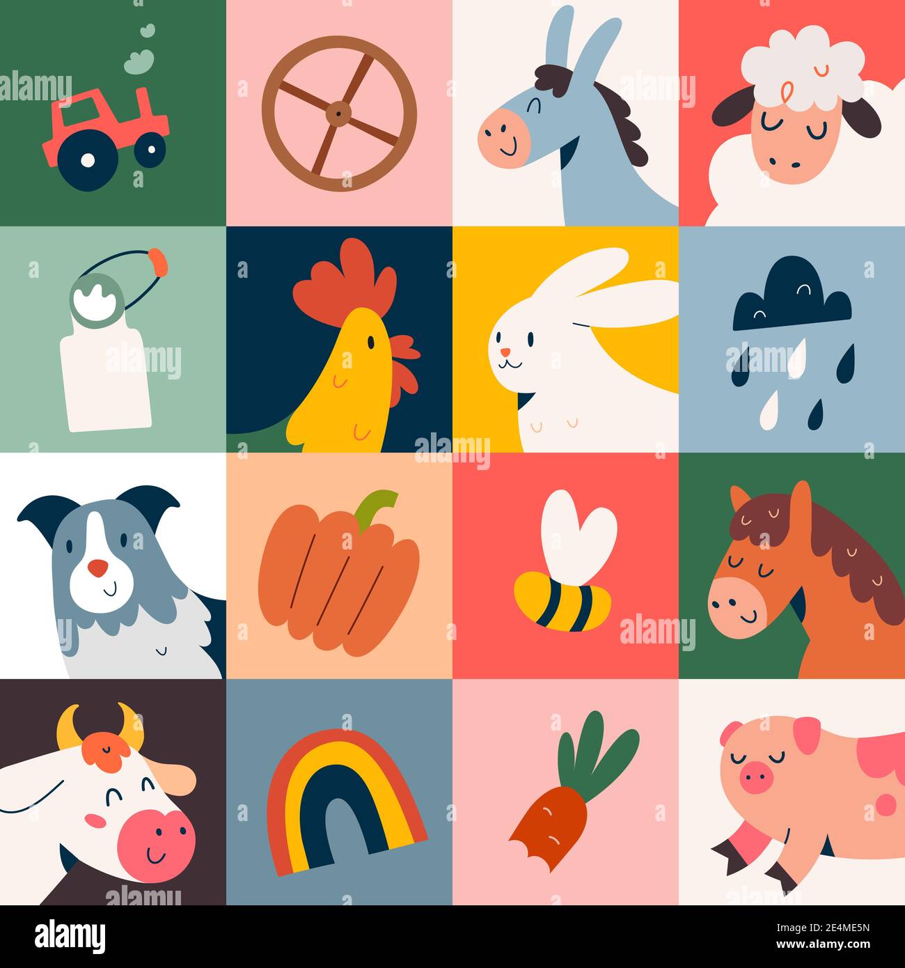 Affiche animaux de ferme avec de mignons dessins animés pour enfants, peinture murale pop art colorée, vache, chien et cochon Illustration de Vecteur