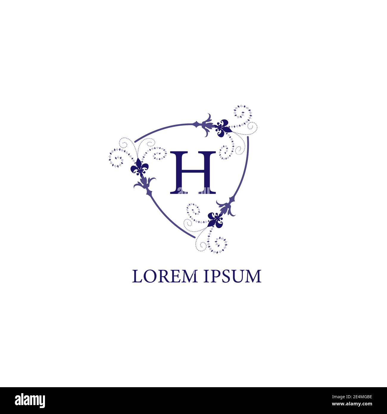 Modèle de logo initial lettre H. Bouclier floral décoratif avec décoration Lily Flower. Isolé sur fond blanc. Violet Violet couleur Illustration de Vecteur