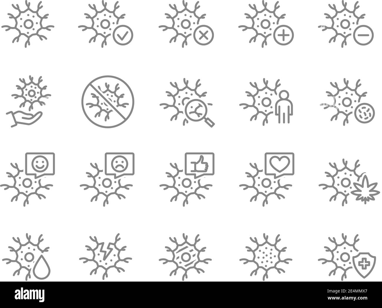 Ensemble de l'icône de ligne de neurone. Cellules nerveuses saines, maladie du tissu neural, diagnostic, traitement et plus encore. Illustration de Vecteur