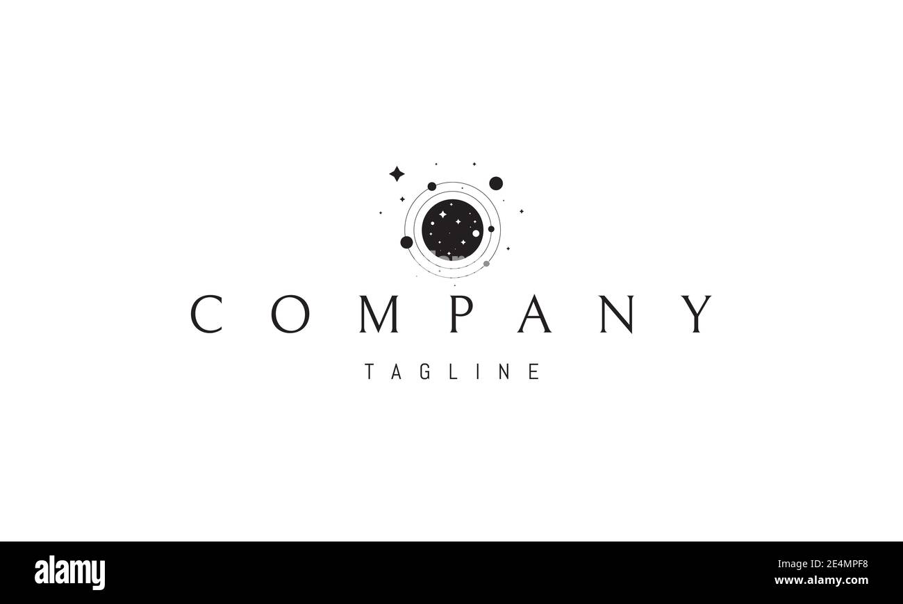 Logo vectoriel sur lequel figure une image abstraite de l'espace extra-atmosphérique sur fond d'étoiles, de planètes et d'orbites. Illustration de Vecteur