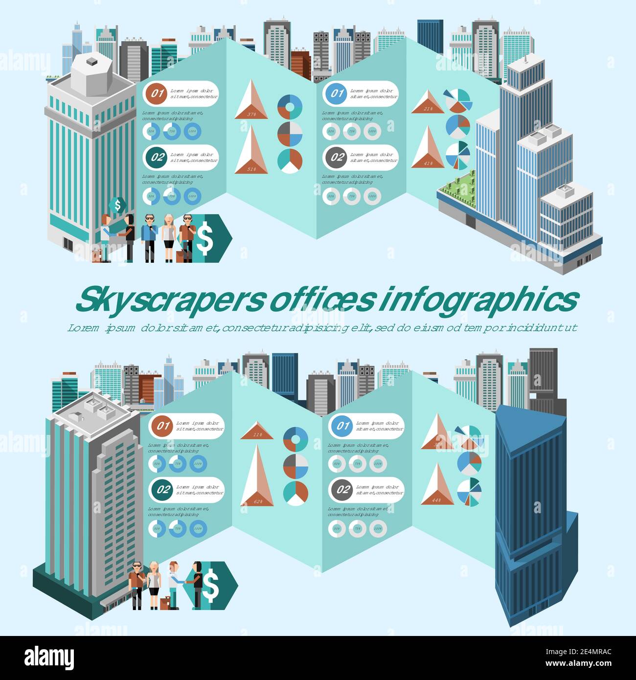Infographies de bureaux gratte-ciel avec des bâtiments et des graphiques 3d isométriques élevés illustration vectorielle Illustration de Vecteur