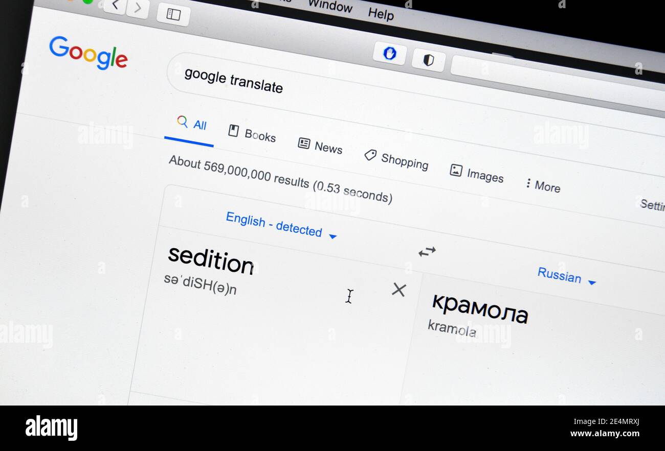 Une capture d'écran d'ordinateur d'un utilisateur de Google Translate recherchant la traduction en russe du mot anglais 'sédition'. Banque D'Images