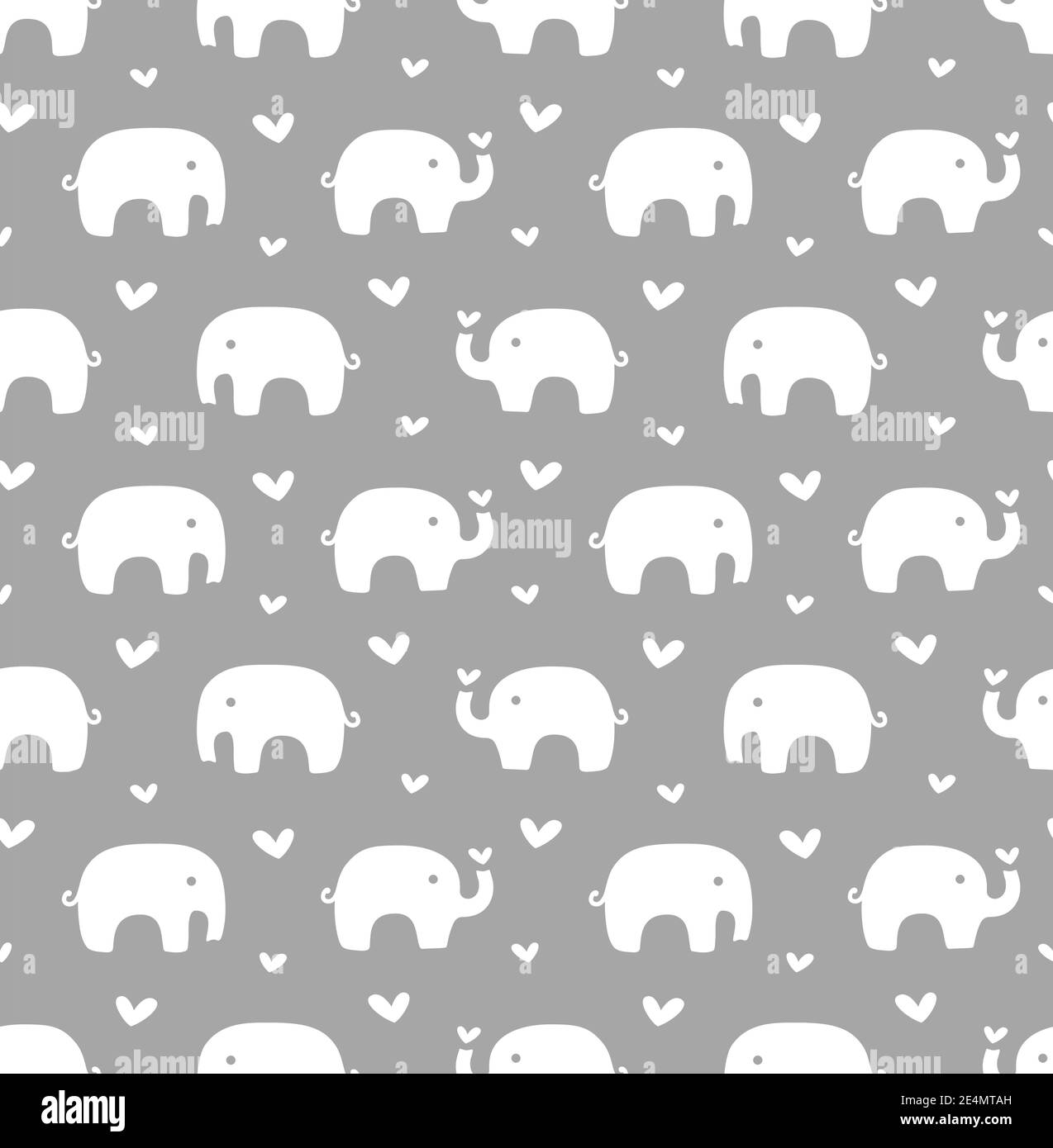 Motif éléphants et coeurs sans coutures. Imprimé coeurs et éléphants pour enfants et bébé, tissu ou papier blanc et gris. Illustration de Vecteur