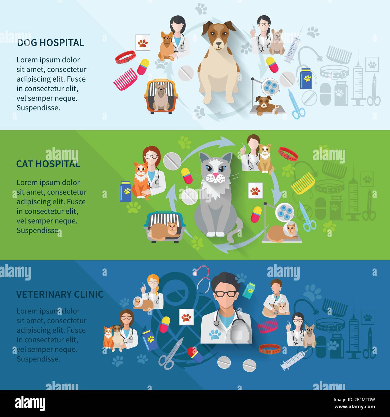 Ensemble de banderoles horizontales plates pour clinique vétérinaire avec chien et chat illustration vectorielle isolée dans un hôpital Illustration de Vecteur