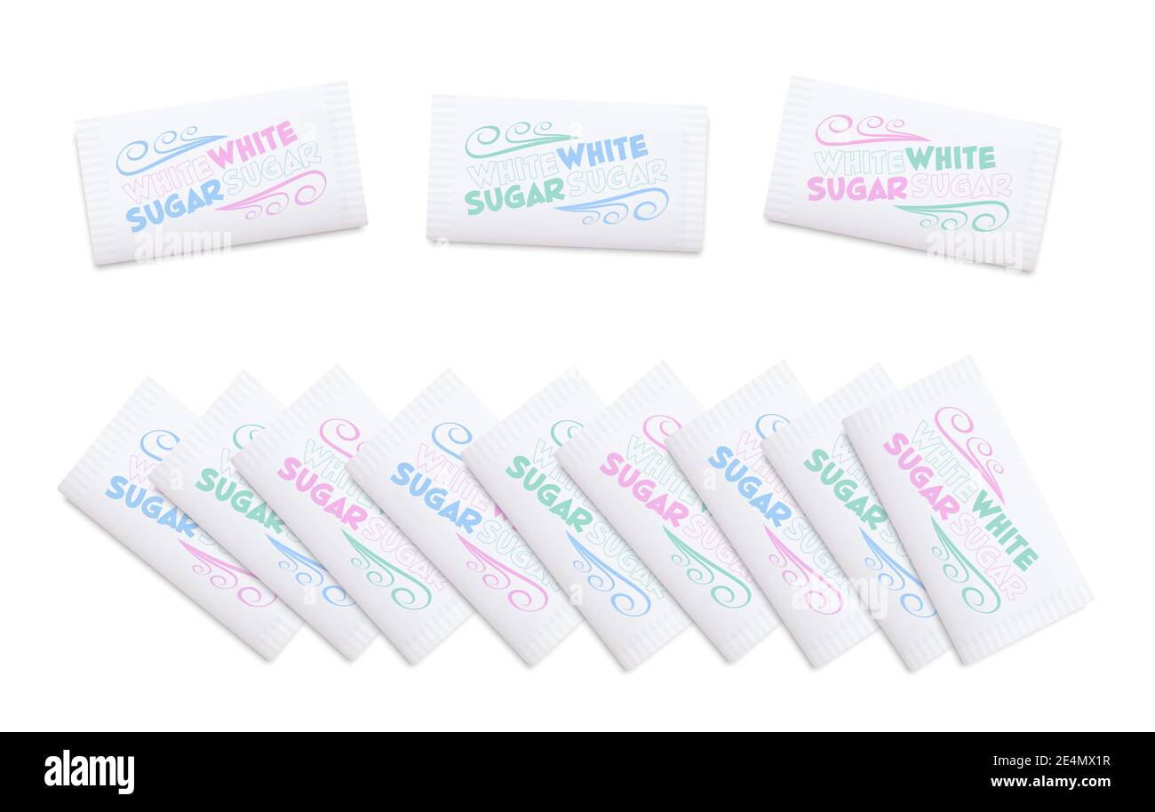 Sachets de sucre, sachets d'édulcorants blancs, faux produit - illustration sur fond blanc. Banque D'Images