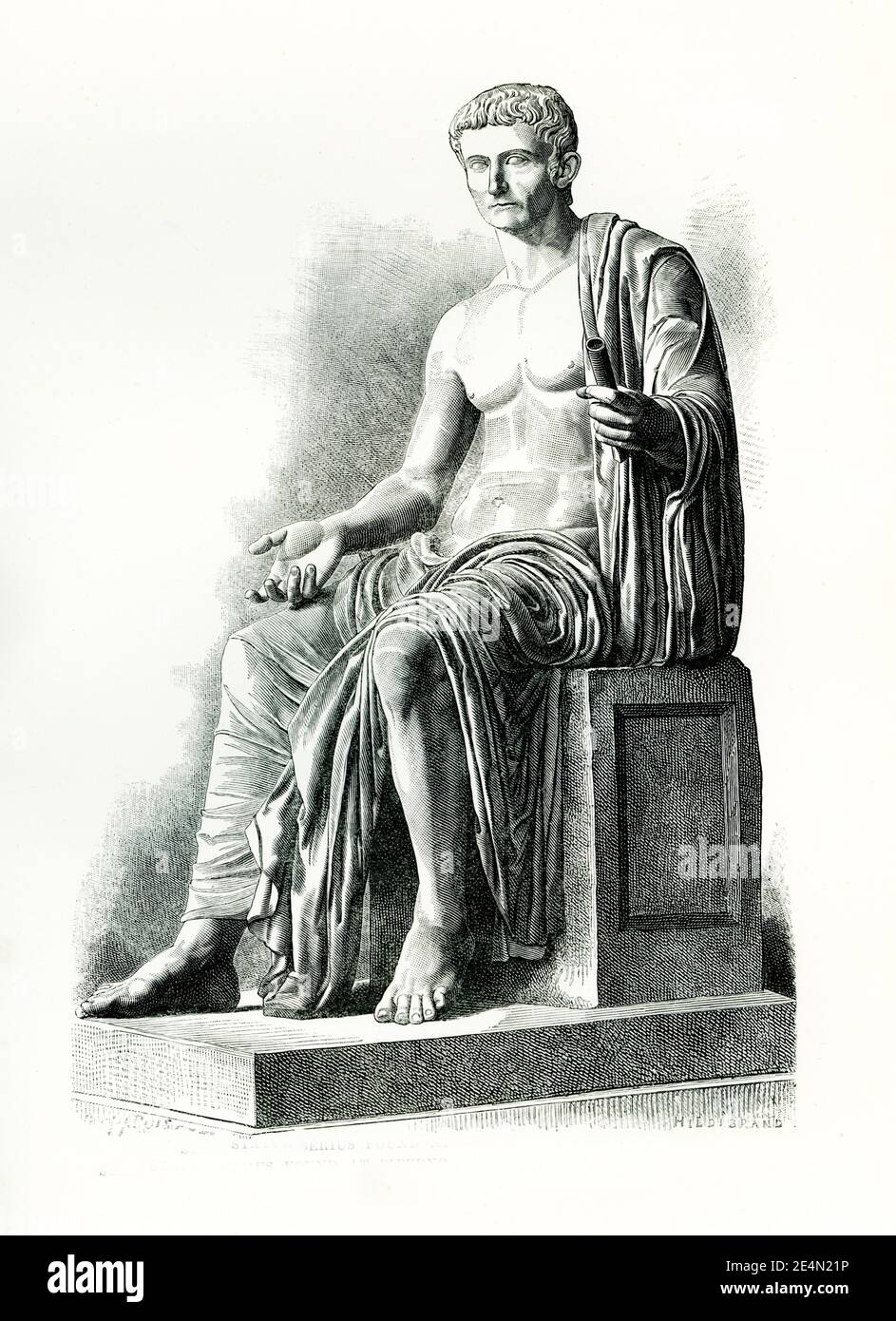 Cette illustration montre la statue assise de Tiberius (réglée de 14 à 37 ad) qui a été trouvée à Privernum et logée dans le musée du Vatican. La sculpture date d'après 37 EC, l'année de la mort de l'empereur, et avec d'autres portraits impériaux, faisait partie d'un cycle emblématique établi dans un bâtiment public de la colonie romaine de Privernum, au sud de Rome. Banque D'Images