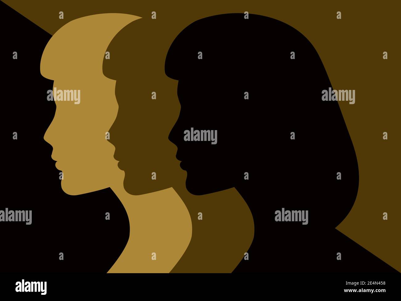 Black and Gold Three Women in Silhouette. Vue latérale. Illustration vectorielle incolore Illustration de Vecteur