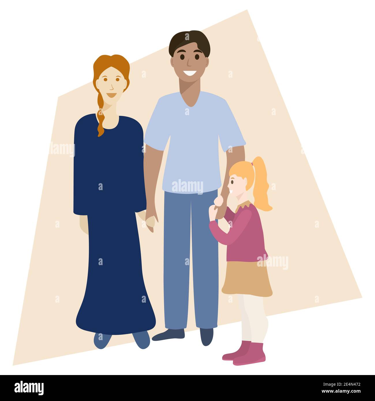 Portrait de famille international heureux. Parents et fille. Concept de famille multiethnique. Illustration vectorielle isolée Illustration de Vecteur