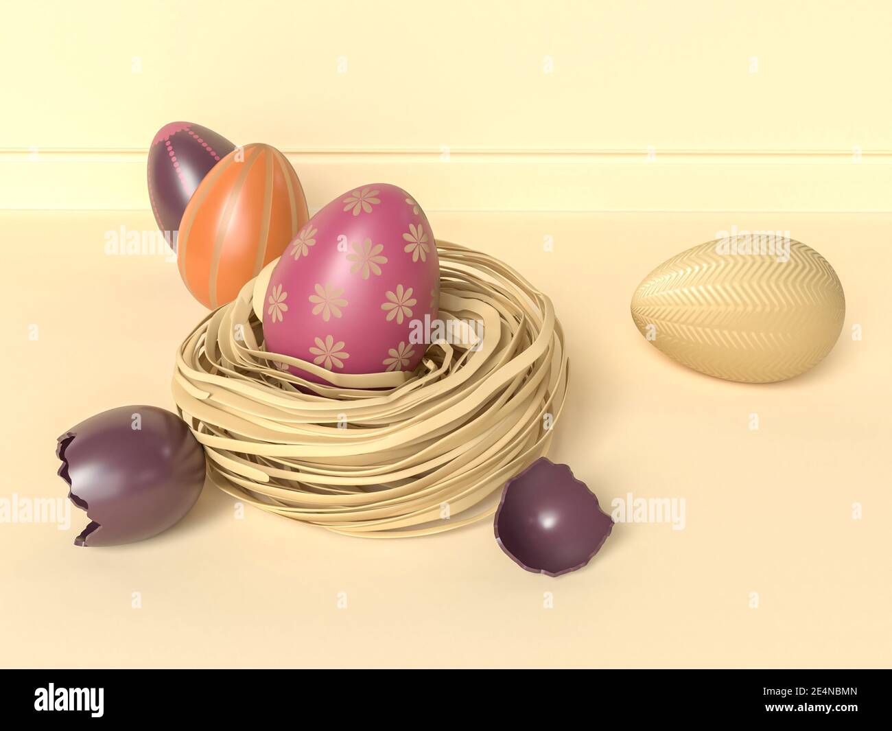 Illustration 3D. Œufs de Pâques dans un panier. Banque D'Images
