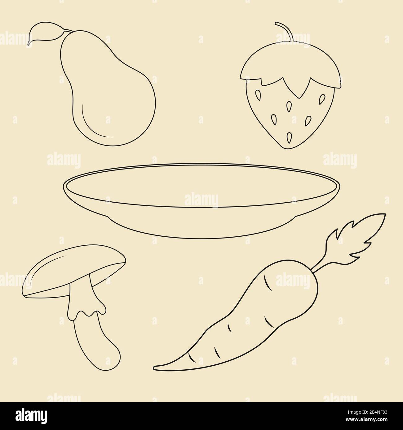 Livre de coloriage avec fruits, légumes. Ensemble d'icônes de ligne, fraise, poire, champignon, carotte, assiette Illustration de Vecteur