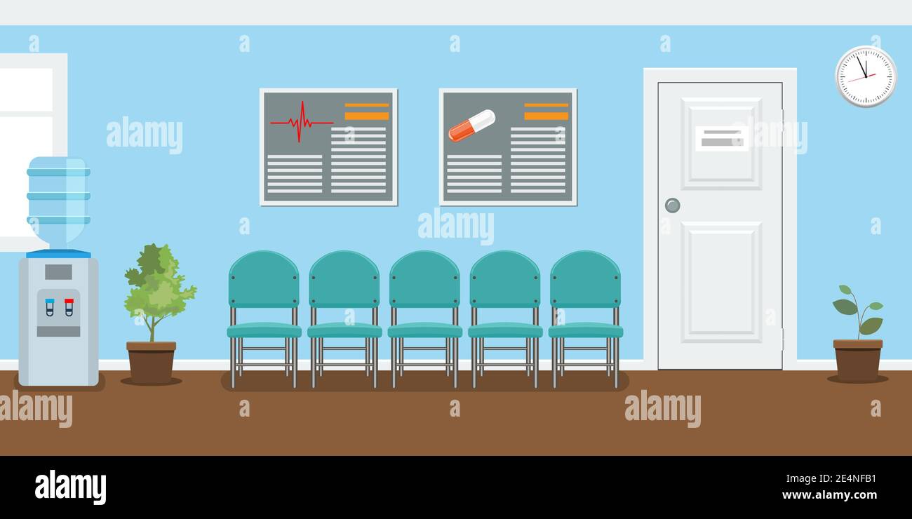 Salle d'attente pour les patients dans le cabinet dentaire. Bâtiment intérieur pour le concept de stomatologie. Vecteur de style plat. Illustration de Vecteur