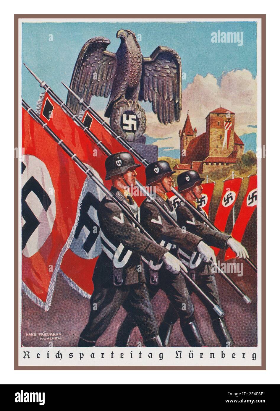 Reichsparteitag Vintage nazi des années 1930 affiche de carte de propagande avec mars de Waffen SS avec Swastika Flags pour le Nürnberg Reichsparteitag 1938 / Rallye du Parti nazi de Nuremberg avec le château de Nuremberg en arrière-plan Et German Eagle & Swastika Banque D'Images
