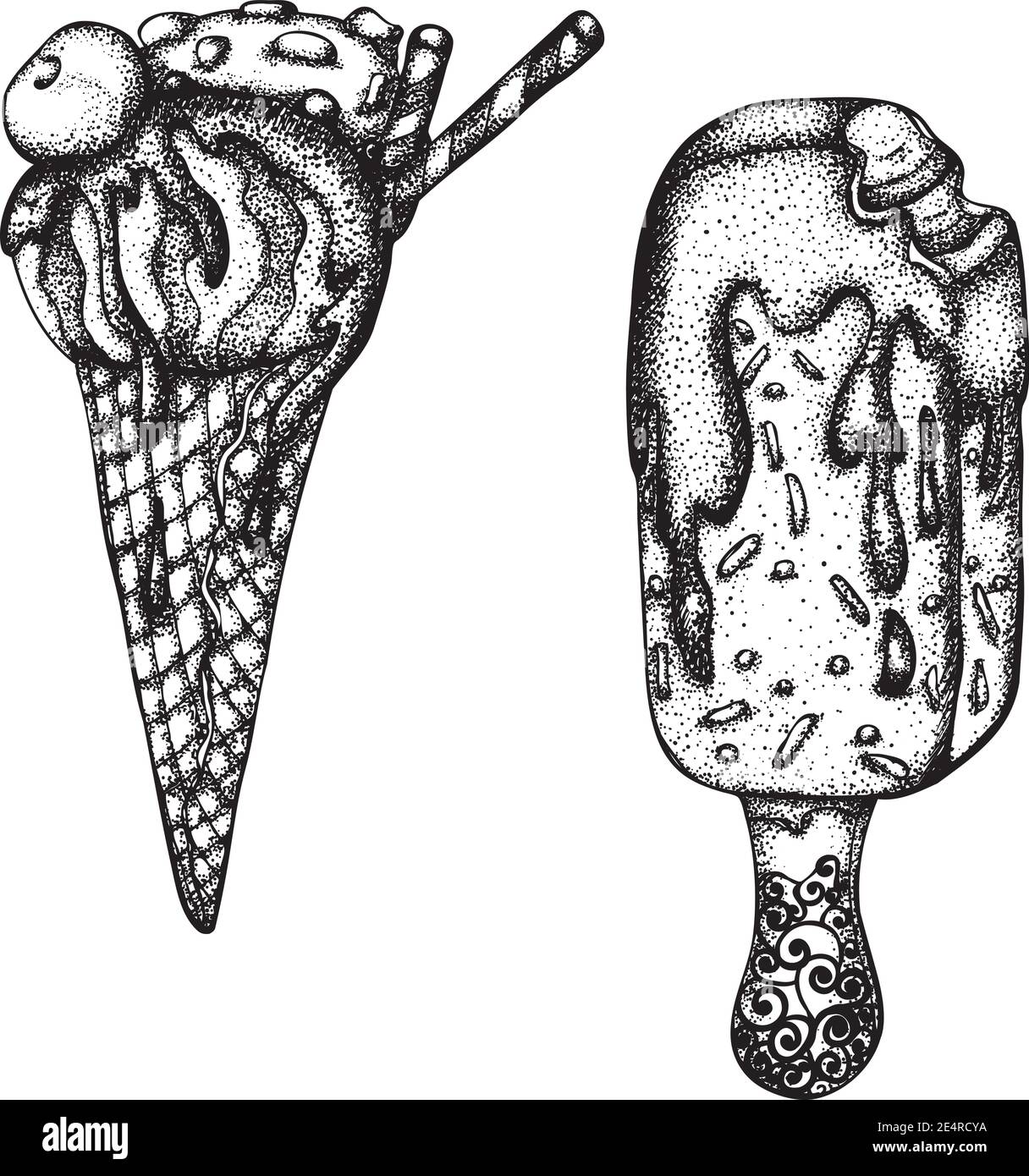ensemble de creme glacee dans un cornet gaufres et sur baton illustration vectorielle dessinee a la main dessin monochrome isole fond blanc image stock coloriage gratuit imprimer tout piscine
