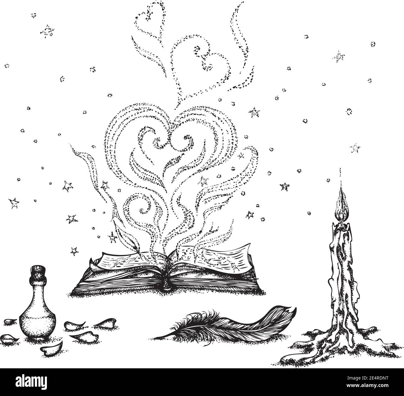 Encore la vie avec un livre magique, une bougie et une potion. Illustration vectorielle dessinée à la main. Dessin monochrome isolé sur fond blanc Illustration de Vecteur