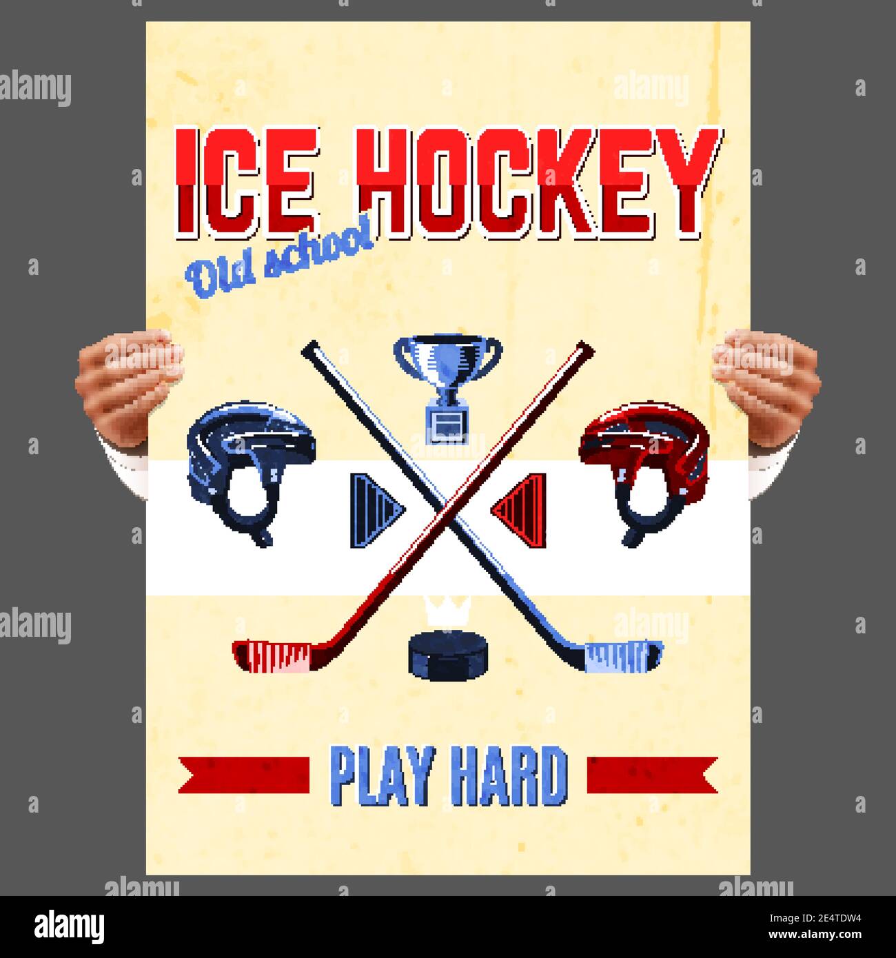 Mains humaines tenant une affiche de hockey sur glace avec un bâton de palet et illustration du vecteur casque Illustration de Vecteur