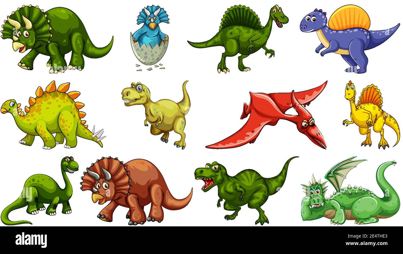 Ensemble de différents personnages de dessin animé de dinosaure isolés sur fond blanc illustration Illustration de Vecteur