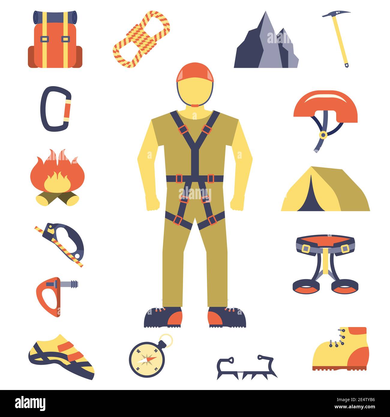 Mountain Peaks grimpeur outils et équipement plat icônes affiche de composition avec des chaussures de crampon compas résumé illustration vectorielle Illustration de Vecteur