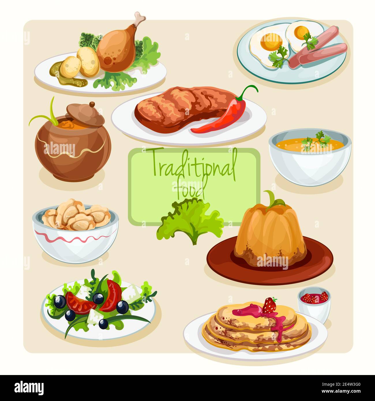 Plats traditionnels préparés avec salade grecque, œufs frits, poulet illustration du vecteur isolé du segment Illustration de Vecteur