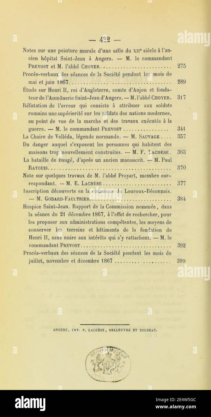 Mémoires de la Société d'Agriculture, Sciences et Arts d'Angers (page 422) Banque D'Images