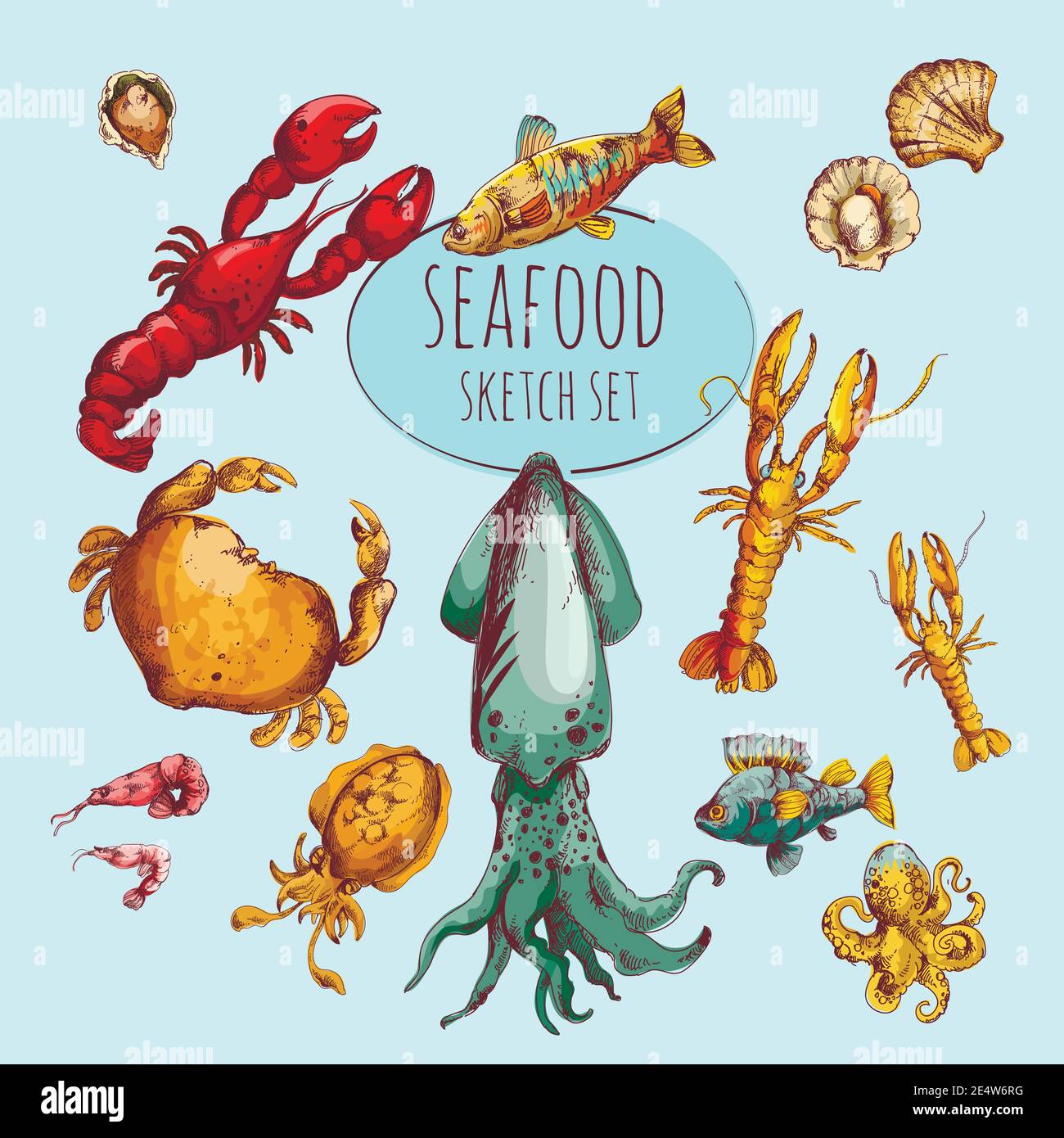 Fruits de mer frais gourmands esquisse coloré icônes décoratives ensemble isolé illustration vectorielle Illustration de Vecteur