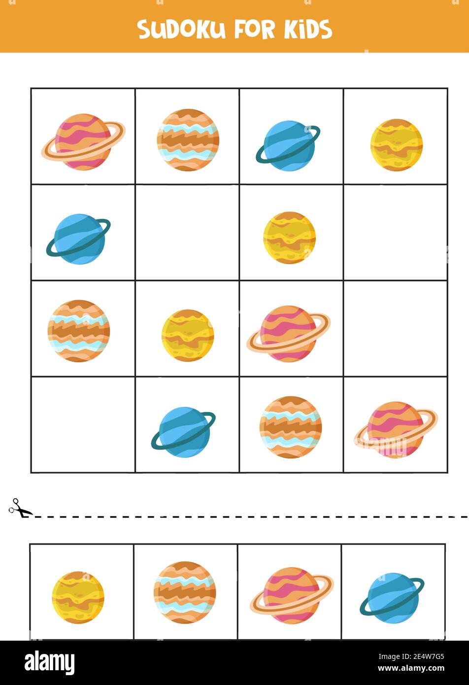 Espace sudoku pour les enfants d'âge préscolaire. Jeu logique avec système solaire planètes. Illustration de Vecteur