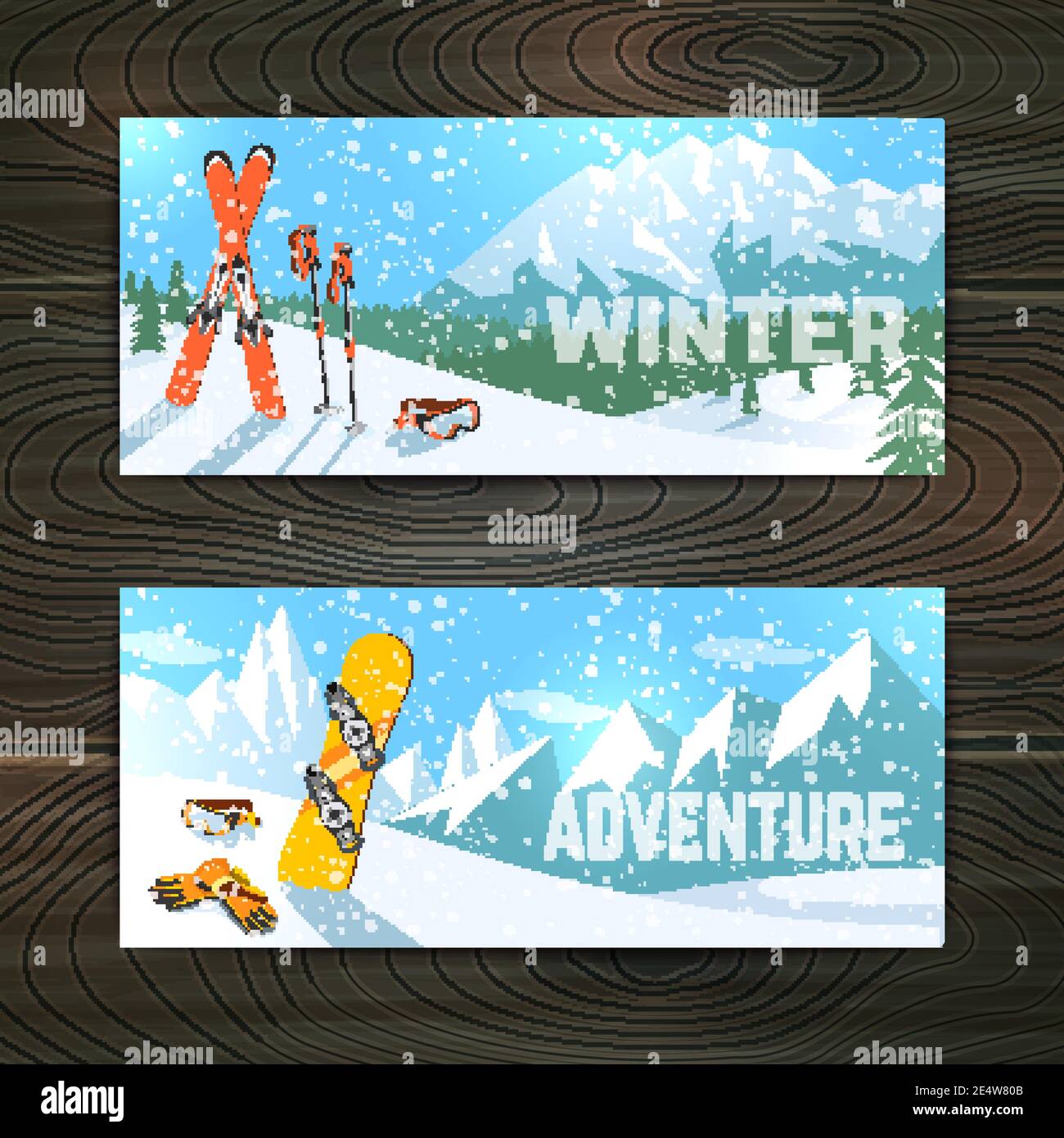 Vacances d'hiver ski alpin paysage avec lunettes gants et poteaux bannières horizontales ensemble abstrait vecteur isolé illustration Illustration de Vecteur