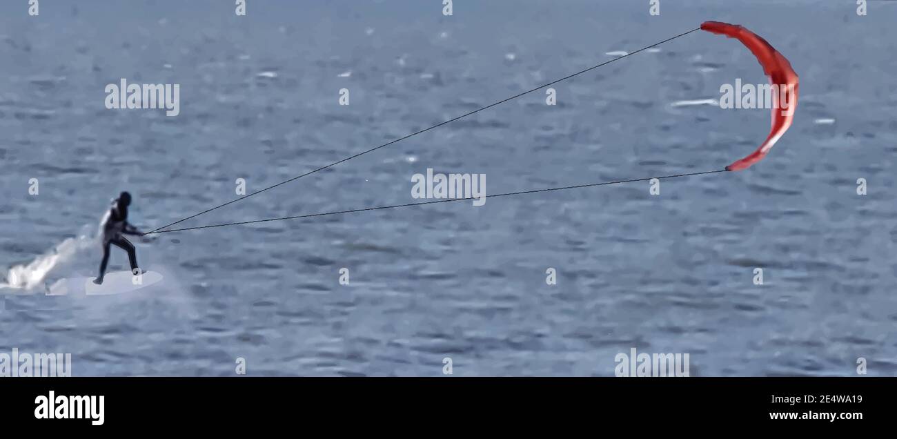 Une personne kitesurf sur l'eau lors d'une journée venteuse. Illustration de Vecteur