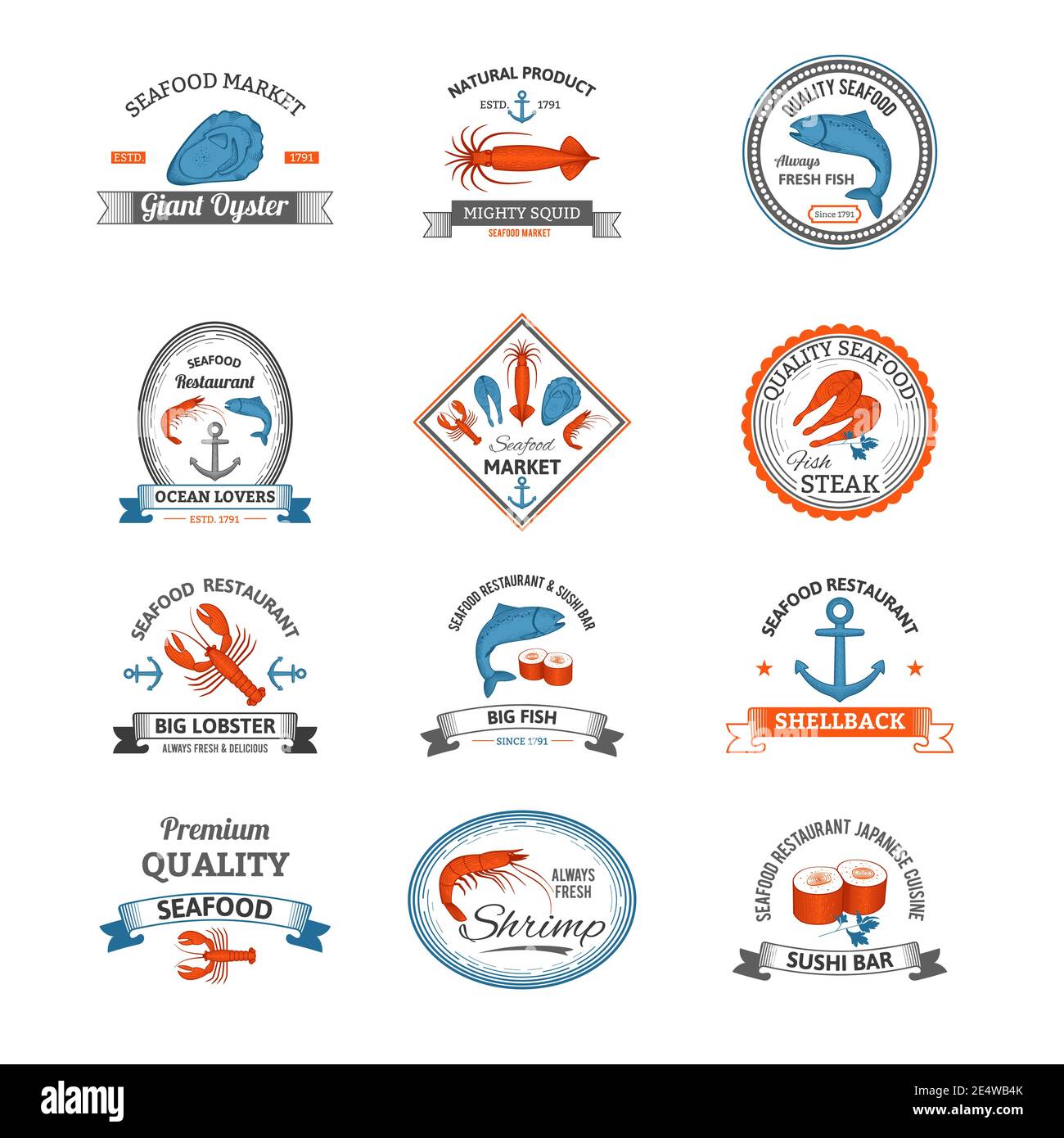 Le restaurant de fruits de mer traditionnels d'époque est orné d'un ensemble coloré de vecteurs isolés illustration Illustration de Vecteur