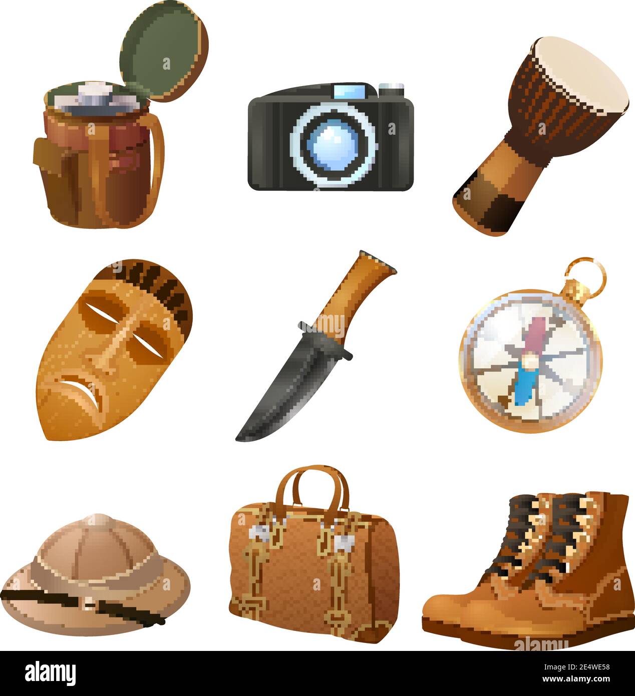 Jeu d'icônes décoratives de voyage dans la jungle africaine avec tambour d'appareil-photo à flacon illustration vectorielle isolée Illustration de Vecteur