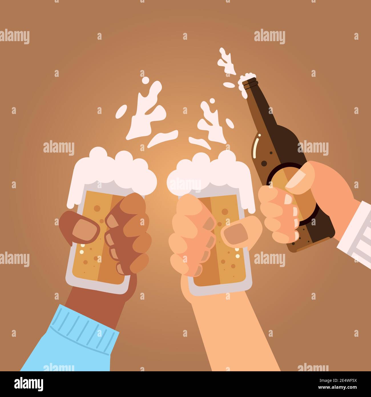 hommes mains avec tasses à bière et bouteille célébrant, hourers illustration vectorielle Illustration de Vecteur