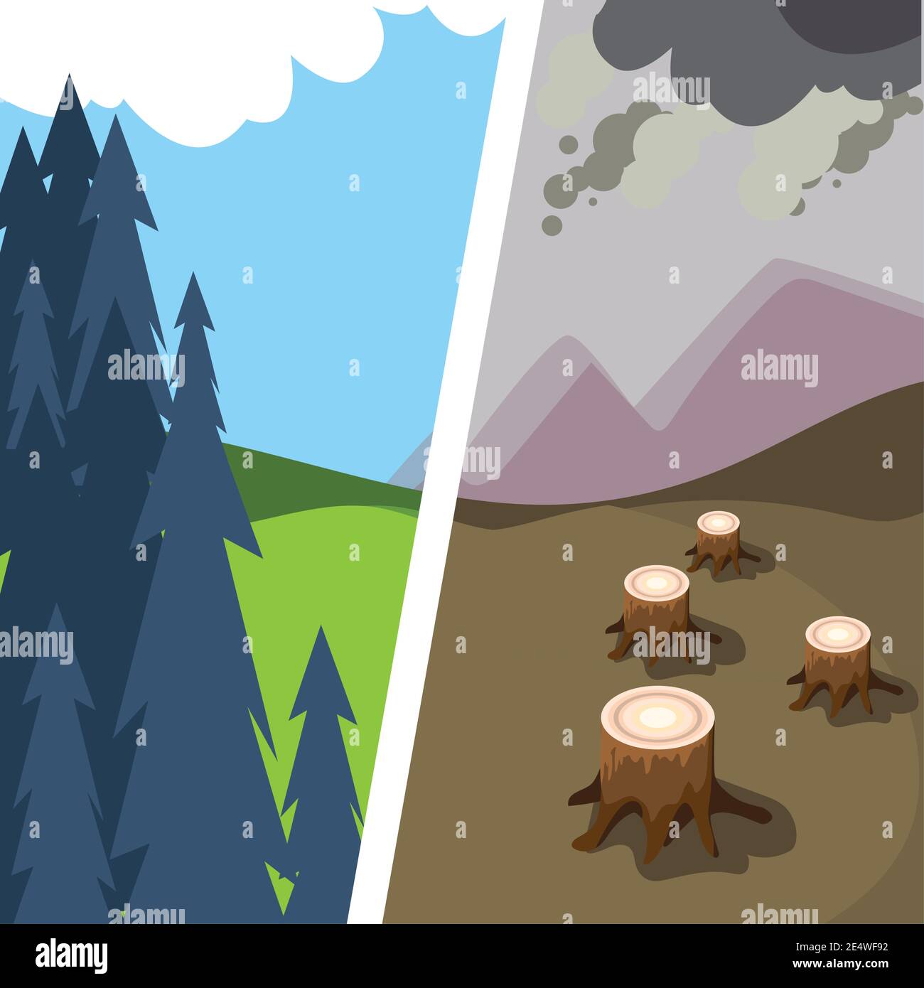 forêt avant et après la déforestation, pollution illustration de vecteur environnemental Illustration de Vecteur