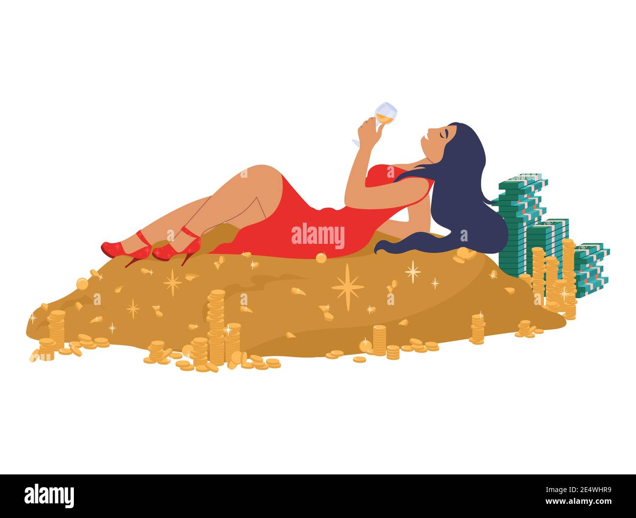 Bonne femme réussie couché sur la pile d'argent liquide, illustration vectorielle plate. Riche fille au champagne. Succès financier. Illustration de Vecteur