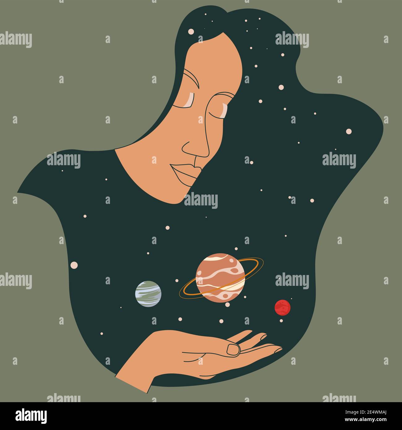 Personnage féminin tenant des planètes dans l'espace Illustration de Vecteur