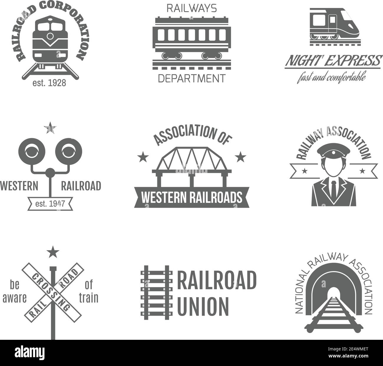 Compagnie de chemin de fer département de chemin de fer rapide train express ensemble d'étiquettes noires illustration vectorielle isolée Illustration de Vecteur