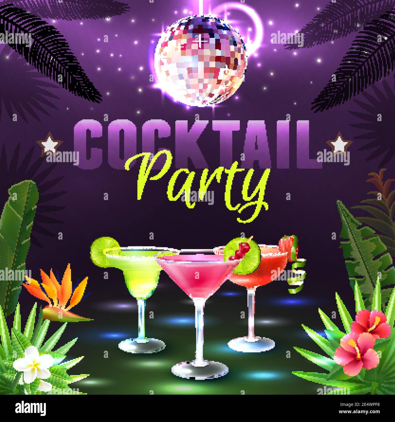 Affiche de soirée cocktail avec verres à cocktail d'alcool, boule disco et plantes tropicales sur l'illustration vectorielle de fond Illustration de Vecteur