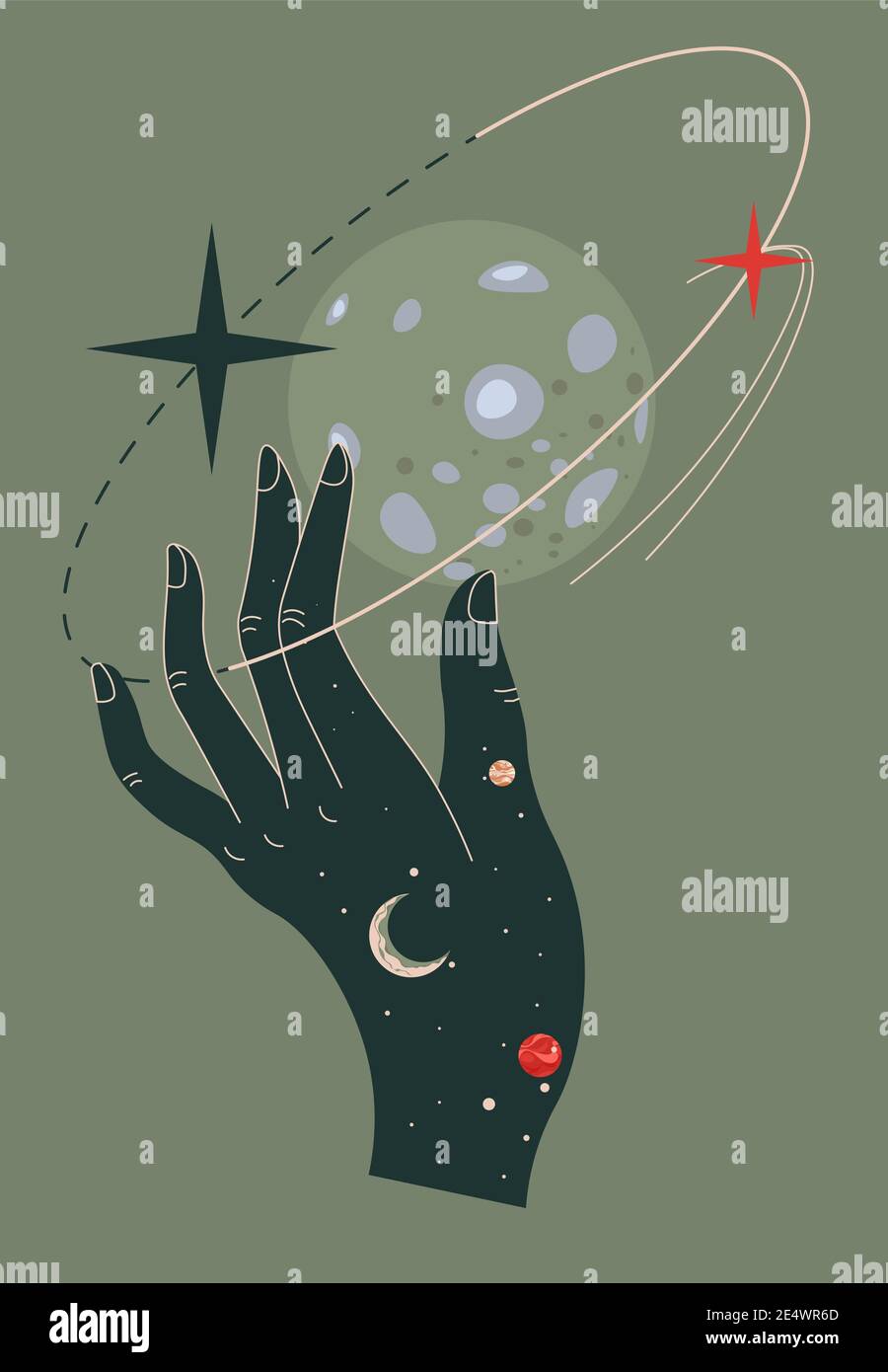 Main touchant la lune ou la planète fantaisie, l'espace Illustration de Vecteur