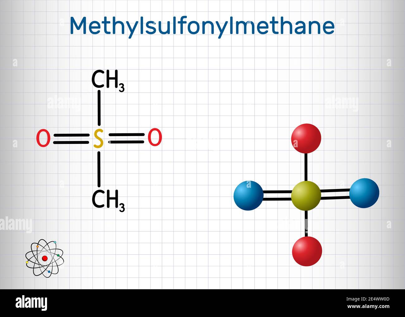 Méthylsulfonylméthane, MSM, méthylsulfone, molécule de diméthyl sulfone. Il s'agit d'un composé organosulfuré dont le groupe fonctionnel est sulfonyle. Produit chimique structurel Illustration de Vecteur