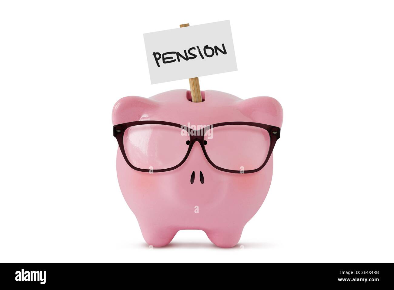 Piggy Bank avec panneau de pension sur fond blanc Banque D'Images