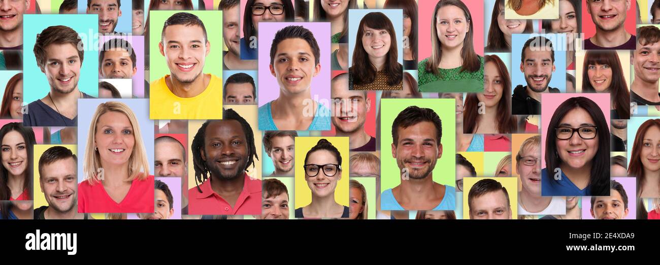 Collection de portraits groupe de personnes portraits visages panorama arrière-plan jeune réseau social souriant Banque D'Images