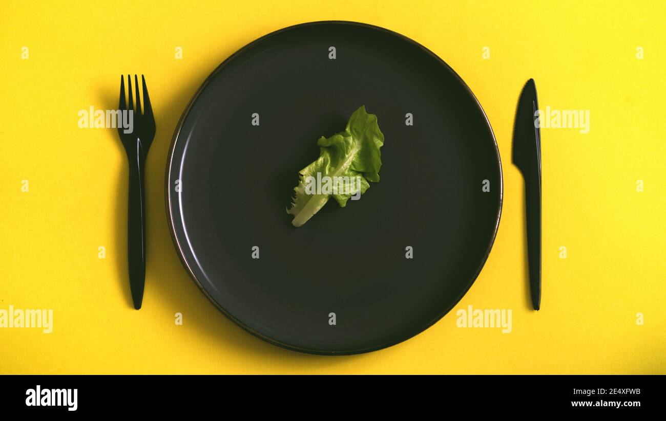 Vue de dessus d'une feuille de laitue verte fraîche sur un noir Assiette .concept de régime sain style de vie Banque D'Images