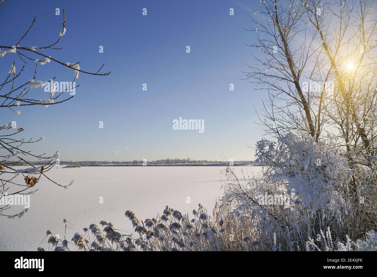 Paysage d'hiver. Lac couvert de neige dans la distance est la belle forêt et beau soleil avec ciel fblue Banque D'Images