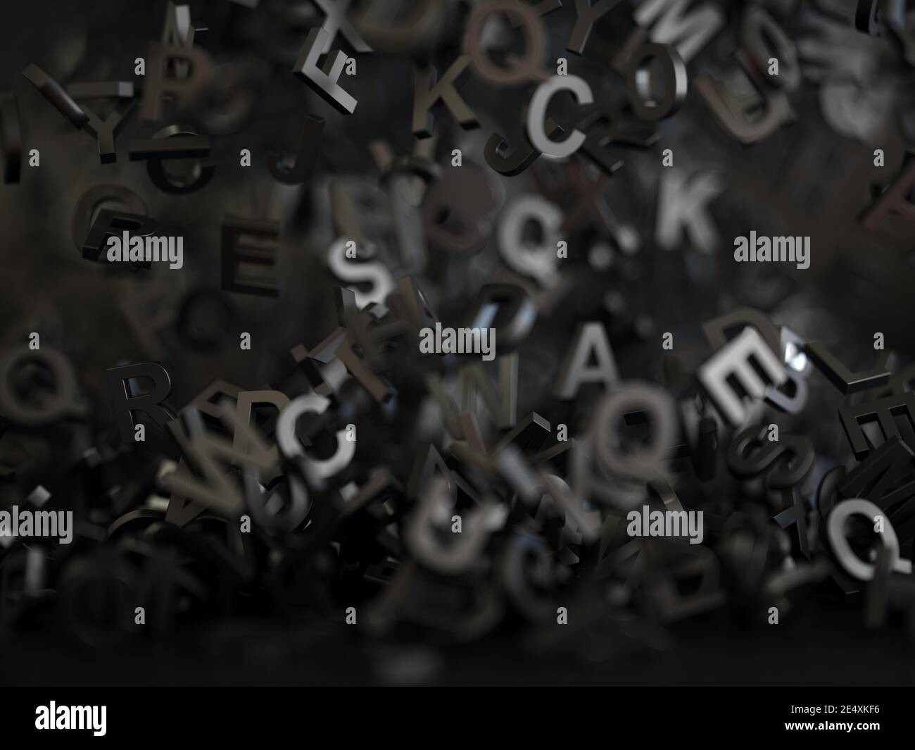 Lettres noires tombant isolées sur fond blanc. Concept de l'idée d'informations créatives pour l'éducation. illustration du rendu 3d Banque D'Images