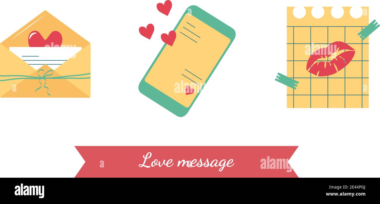 Icônes pour message d'amour dans une enveloppe, SMS par téléphone, une note sur un morceau de papier Illustration de Vecteur